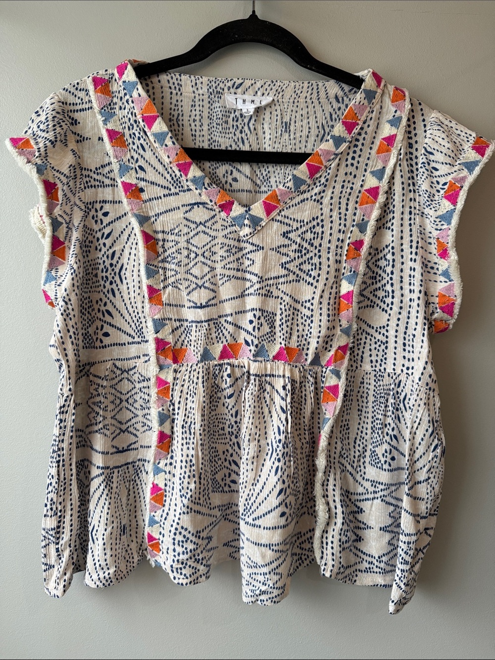 THML Cream top with Navy Print and Colorful Embroidery fringe accents Large